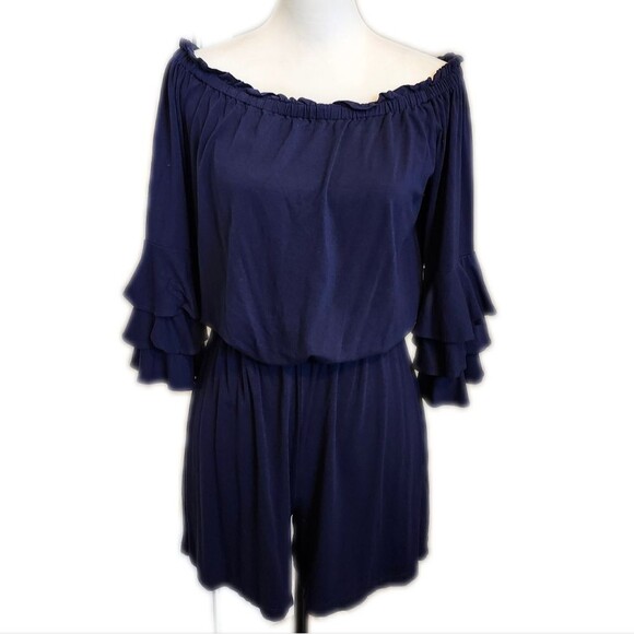 Lilly Pulitzer Calla off the shoulder 3/4 sleeve romper,  navy blue Small - Picture 1 of 9
